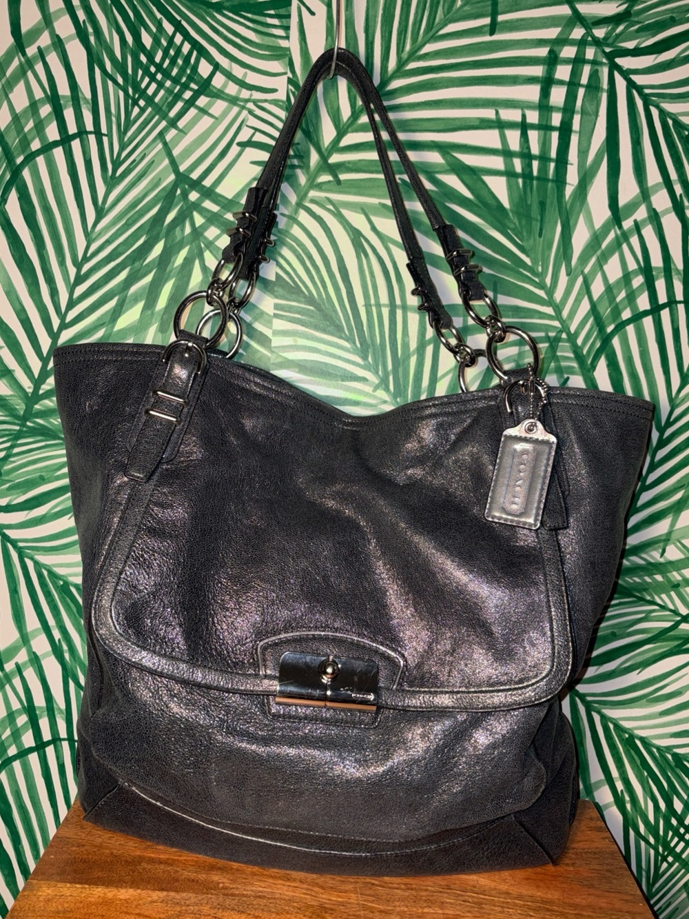 Coach Kristin Pinnacle Metallic Black Shimmer Leather Tote F19385
